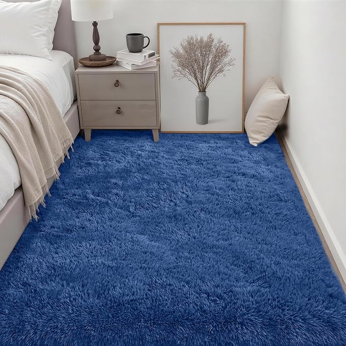 Area Rug Living Room Bedroom: 4x6 Fluffy Plush Shag Carpet Blue | - Image 3