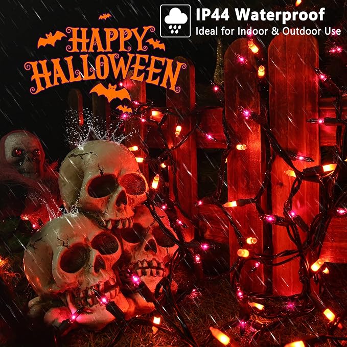 Brizled Orange & Purple Halloween Lights, 100 Count Connectable, UL Certified Incandescent String Lights, Black Wire Mini Lights Set for Indoor/Outdoor Halloween Party Decor