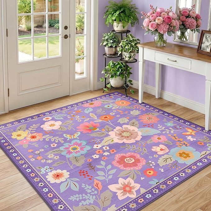 RELEANY Floral Washable Square 5ft Area Rug Purple/Pink | Flower Carpet Print by RELEANY