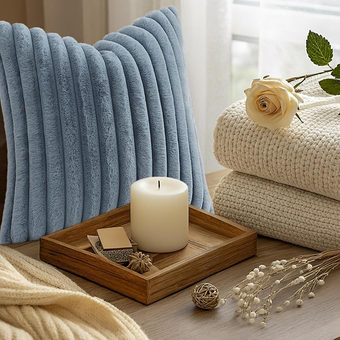 decorUhome Fall Faux Fur Throw Pillow Covers 16x16 Set of 2 Grey Blue | - Image 9
