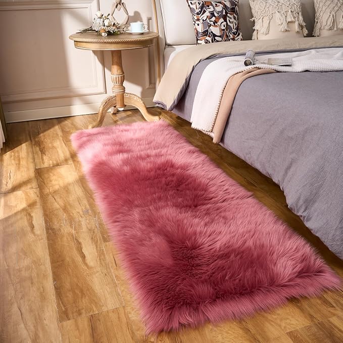 EasyJoy Ultra Soft Fluffy Faux Fur Rug, 2x6 ft Rectangle, Blush Pink | Chair - Image 6