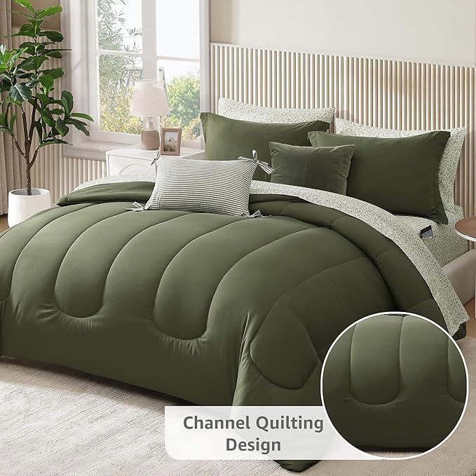 Monbix Full Comforter Set - 7 Pieces Olive Green Bed in a Bag Full Size Track Stitching Bedding Sets, All Seasons Down Alternative Comforter with Sheets,Pillowcases & Shams