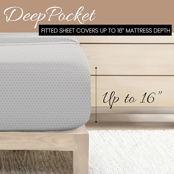 Linen Market Double-Brushed Patterned Microfiber Queen Sheet Set 4 Piece – Oeko-TEX Certified Ultra Soft & Wrinkle-Free - 16" Deep Pocket Sheets - Easy Care Queen Size - Honeycomb Light Gray