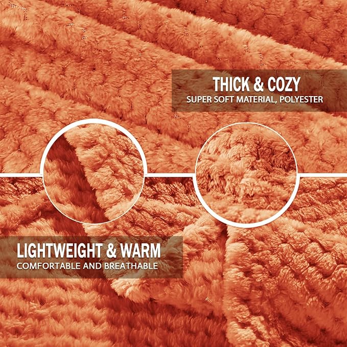 Exclusivo Mezcla Soft Waffle Fleece Bed Blanket Twin Size, Burnt Orange | - Image 7