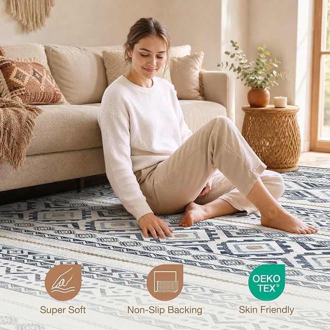 cotiled Boho 10x14 Area Rug for Living Room: Large Moroccan Washable Rug | - Image 3