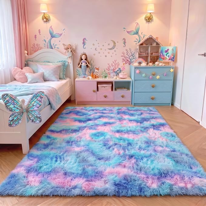 Rainbow Rugs for Girls Bedroom, 5x8 Fluffy Bedside Throw Area Rug, Soft Plush - Image 5