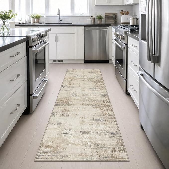 2.6x10 Washable Runner Rug:Modern Abstract Soft Carpet Beige Brown | - Image 4