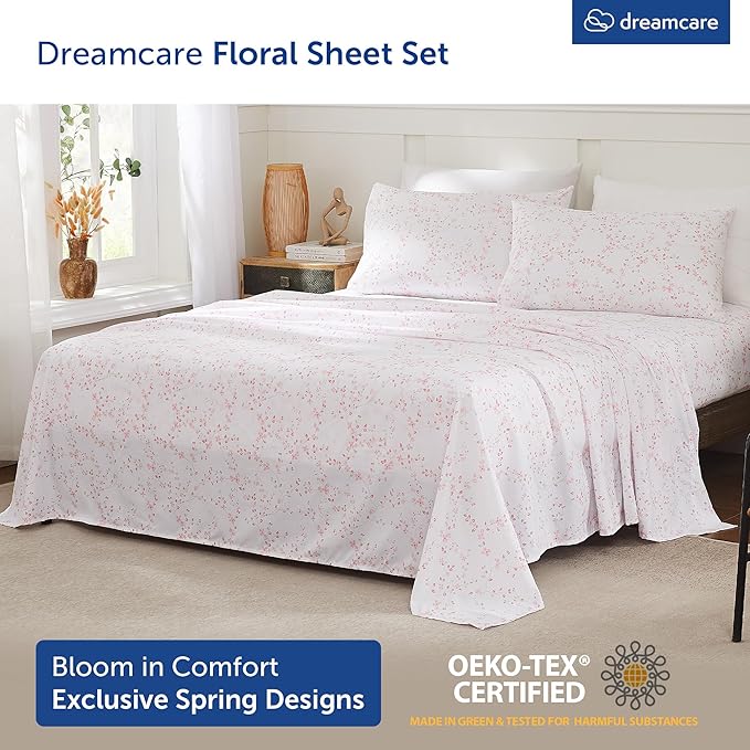DREAMCARE Full Size Bed Sheets - Luxurious Floral Full Sheet Set - 4 Pc Ultra Soft Breathable Wrinkle Free Brushed Microfiber Floral Blossom