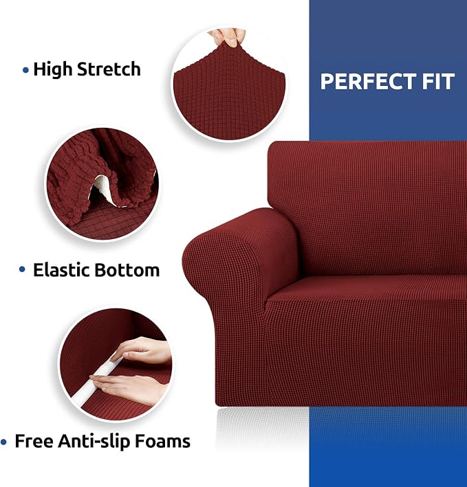 Stretch Couch Covers for Sofa, 3 Cushion Couch Slipcover, Dark Red | 1-Piece - Image 6