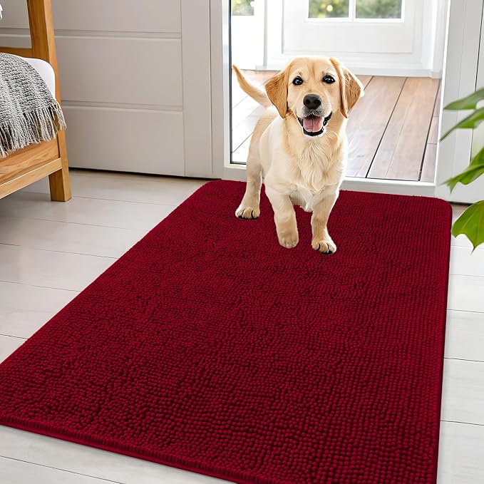 OLANLY Dog Door Mat for Muddy Paws 44x32, Super Absorbent Chenille Mud Mat | Red by OLANLY