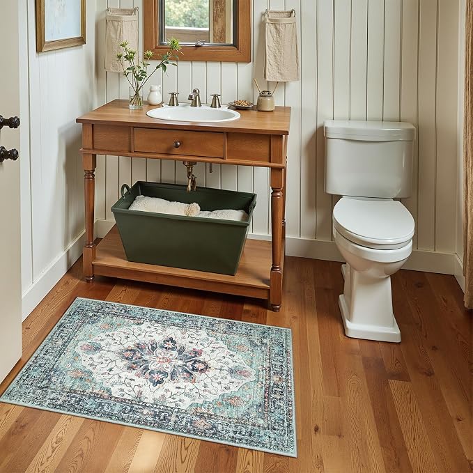 RELEANY Washable Area Rug, Small 2'x3', Teal Green/White/Navy | Non-Slip - Image 3