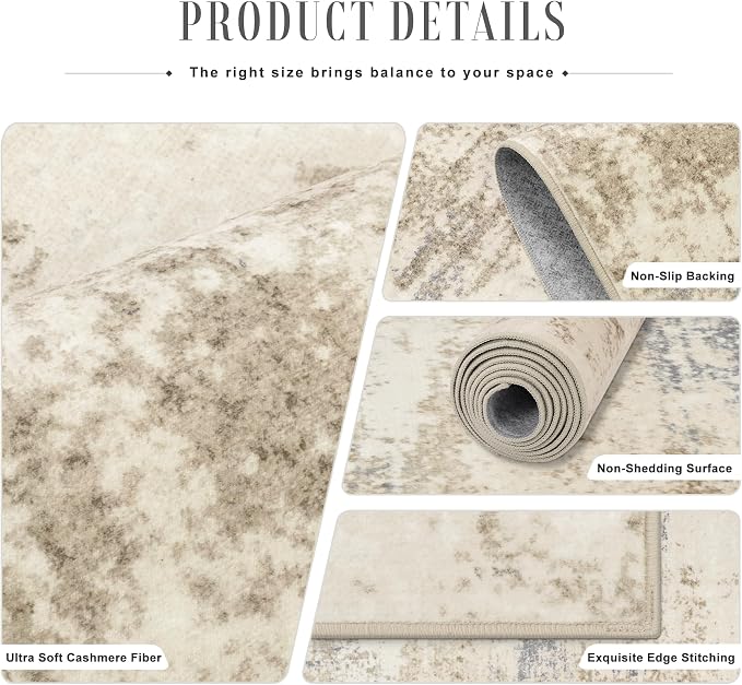 2.6x8 Washable Runner Rug：Modern Abstract Soft Carpet Beige Brown | - Image 5