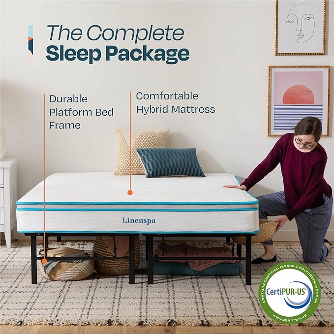 Linenspa 8” Memory Foam and Innerspring Hybrid Mattress + 14” Black Metal Platform Bedframe – Twin XL Mattress + Metal Folding Twin XL Bedframe