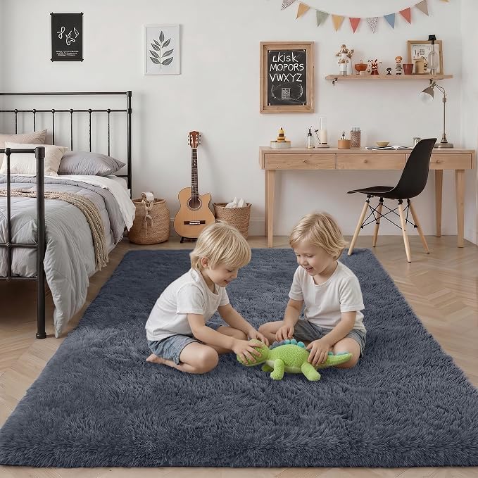Area Rug Living Room Bedroom: 6x9 Fluffy Plush Shag Carpet Grey | - Image 7