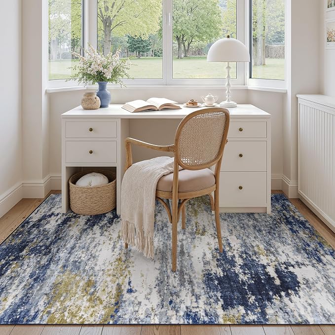 5x7 Area Rug for Living Room, Abstract Washable Non-Slip Rugs, Dark Blue | - Image 3