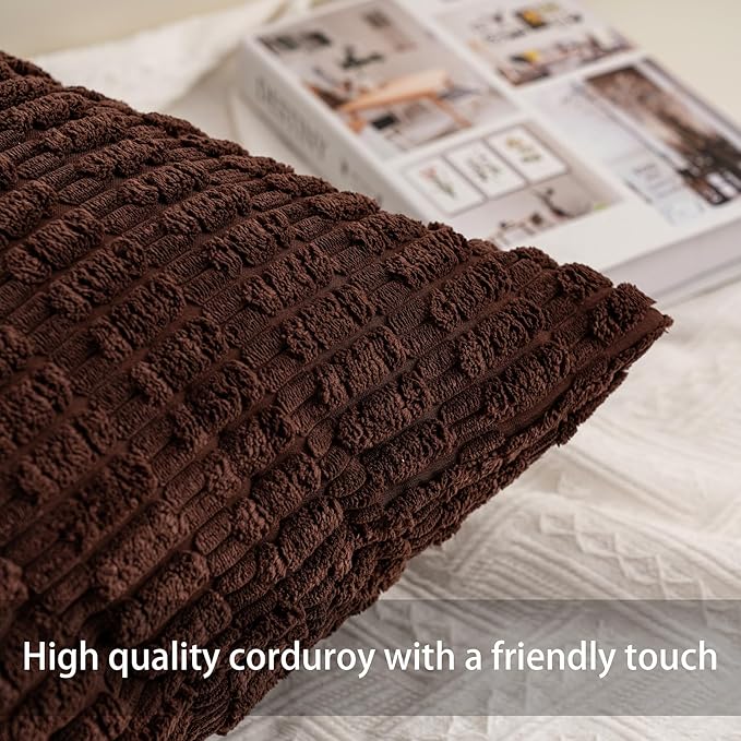 Pack of 2 Corduroy Decorative Throw Pillow Covers 18x18 Inch, Dark Brown | Fall - Image 3