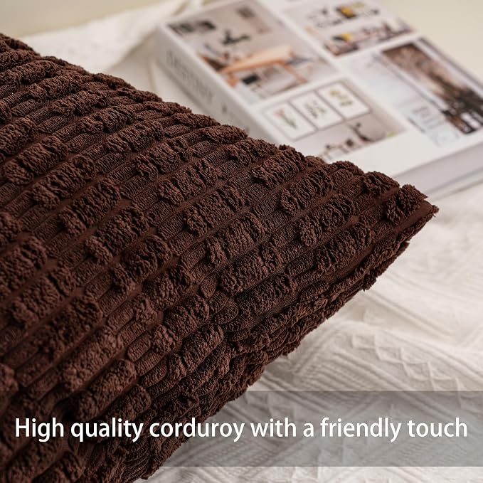 Pack of 2 Corduroy Decorative Throw Pillow Covers 16x16 Inch, Light Brown | - Image 2