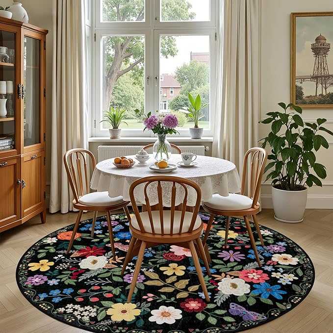 PLHXFR Round Area Rug Living Room: 4 ft Floral Washable Soft Carpet Black | - Image 4