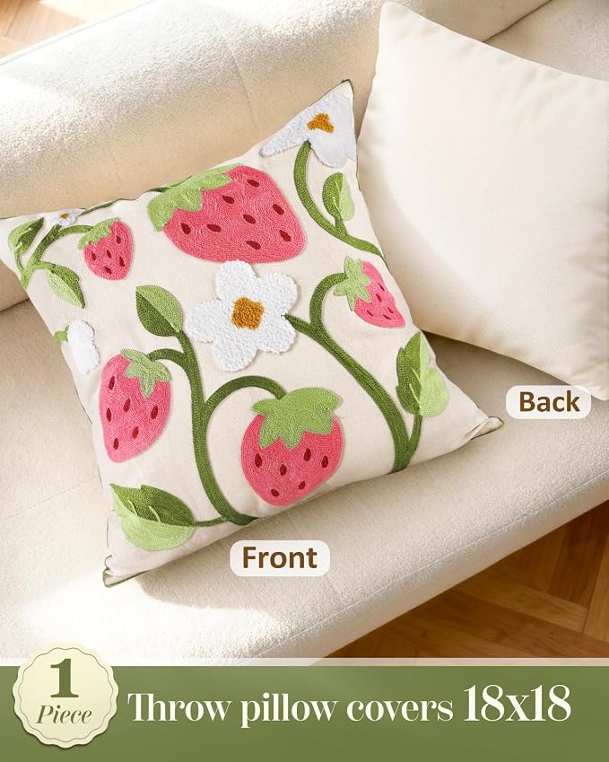Embroidered Throw Pillow Cover 18x18 Inch, Branch Strawberry | Decorative - Image 4