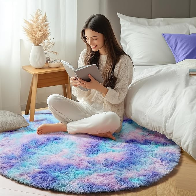 Rainbow Round Area Rugs 6ft, Fluffy Soft Bedroom Circle Rug - Image 6