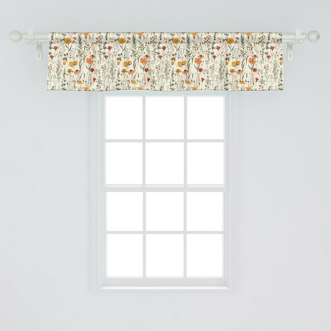 Ambesonne Fall Window Valance, Wild Flowers Illustration Print Vintage Autumnal Theme Farmhouse Vibe, Curtain Valance for Kitchen Bedroom Decor with Rod Pocket, 54" X 12", Mustard Orange Sage Green