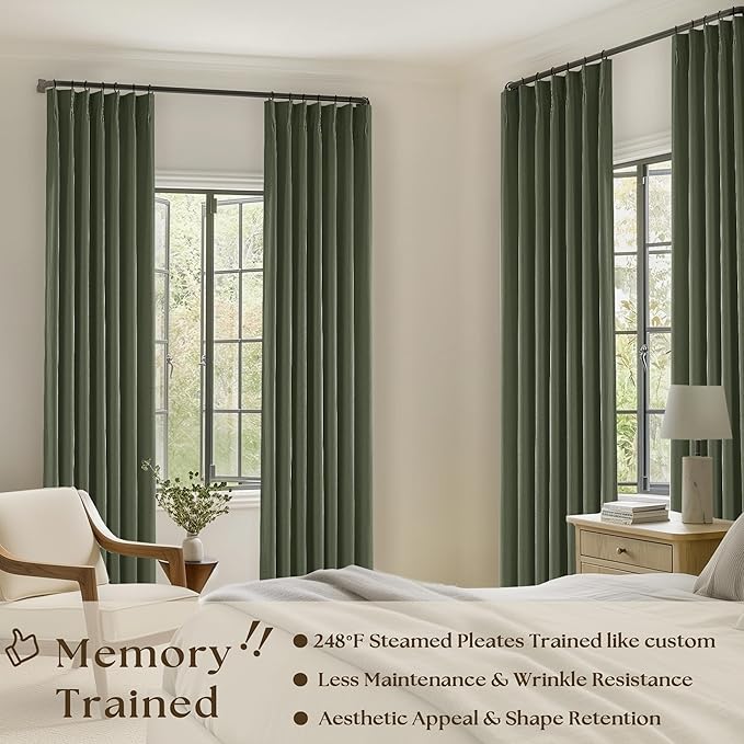 Olive Green Pleated Black Out Linen 45 Inch Curtains - Image 2