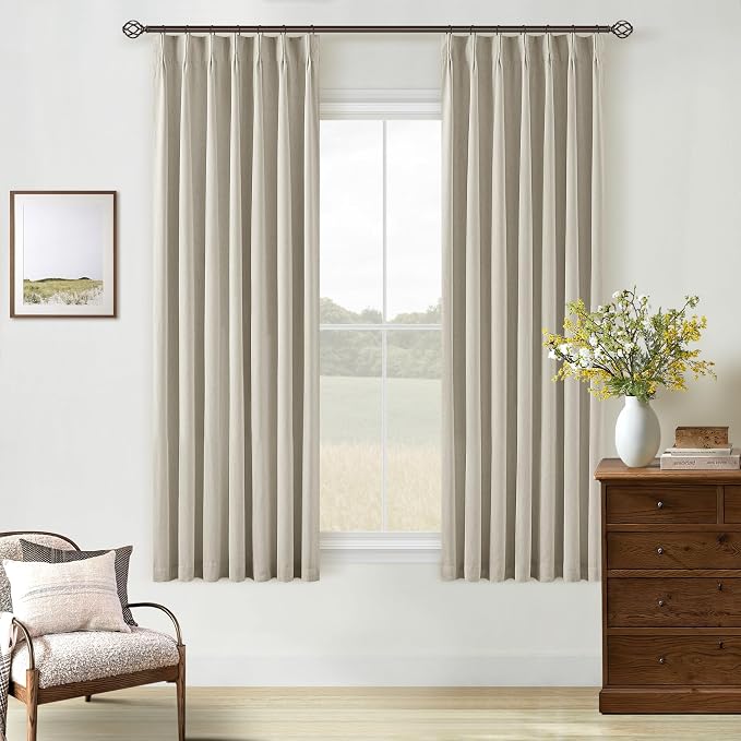 Oatmeal Beige 100% Blackout Pinch Pleated Linen 63 Inch Curtains - Image 8