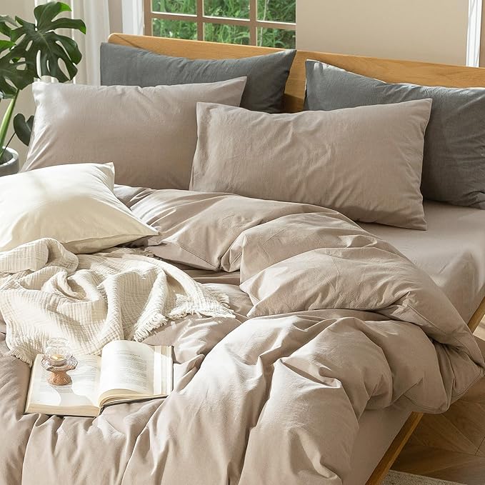 MooMee Bedding Duvet Cover Set 100% Washed Cotton Linen Like Textured Breathable Durable Soft Comfy (Heathered Taupe, Full 80"x90")