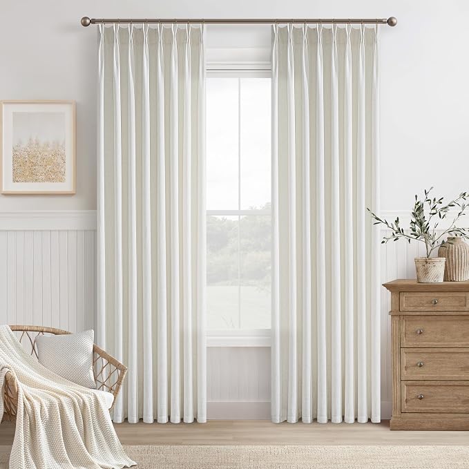 105 Inch Beige White Linen Light Filtering Sheer Pleated Curtains 50x105 | - Image 8