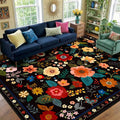 RELEANY Floral Washable 9x12 Area Rugs Black | Flower Carpet Print Boho Cute by RELEANY