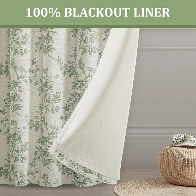 Sage Green Boho Floral 100% Blackout Curtains 96 Inch 2 Panels | Farmhouse - Image 3