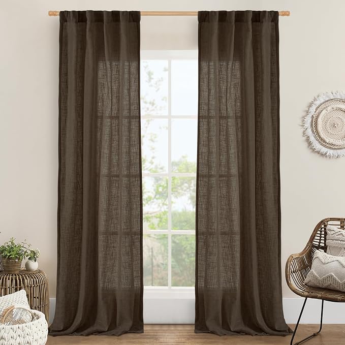 Dark Brown Linen Boho Sheer Curtains 84 inch Length 2 Panels | Soft Thick by LAMIT