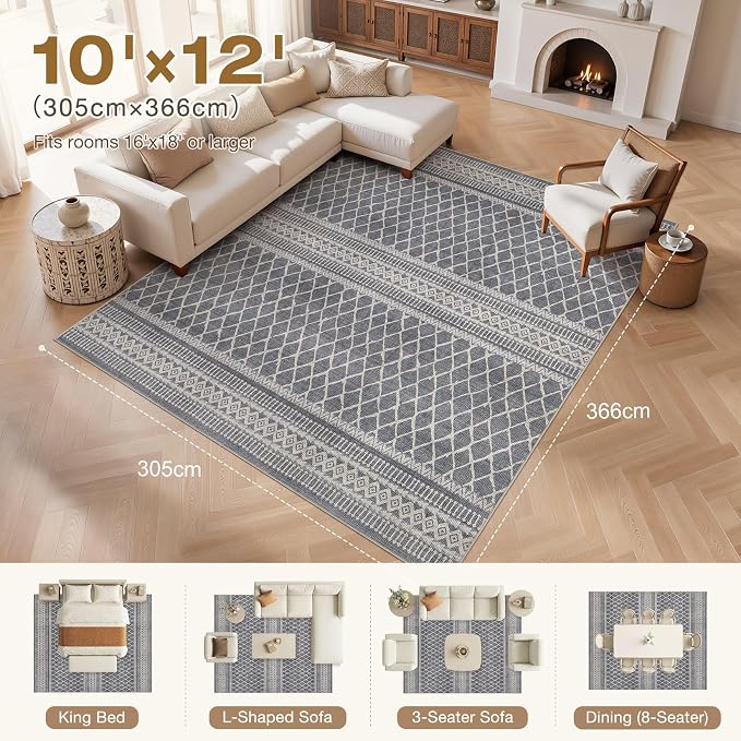 cotiled Boho 10x12 Area Rug for Living Room: Large Moroccan Washable Rug | - Image 7