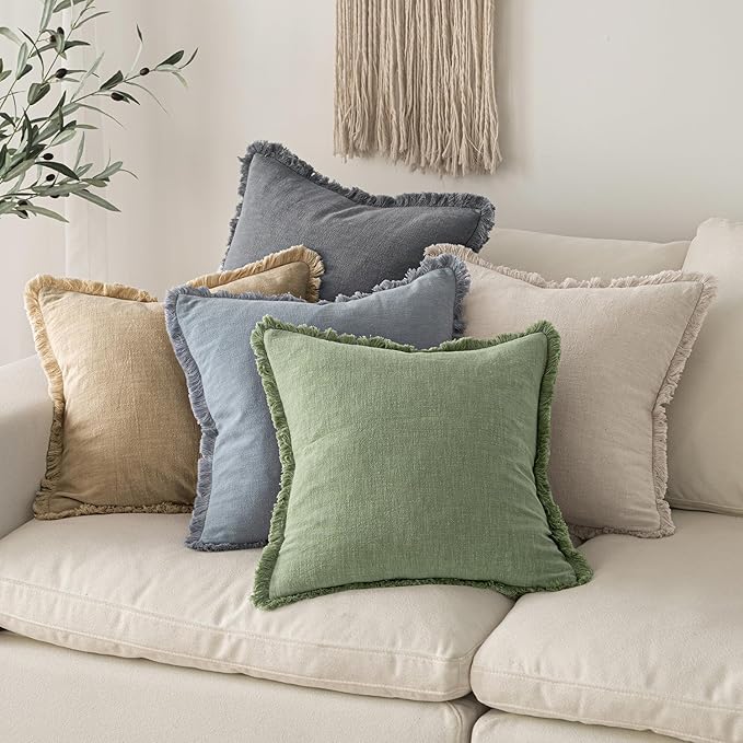 MIULEE Linen Fringe Decorative Euro Throw Pillow Covers Sage Green 26x26 | Set - Image 6