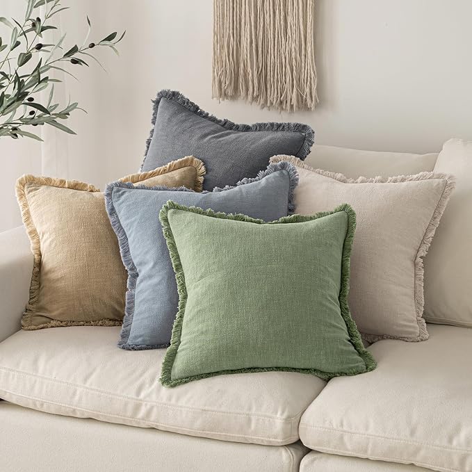 MIULEE Linen Fringe Decorative Euro Throw Pillow Covers Sage Green 24x24 | Set - Image 6