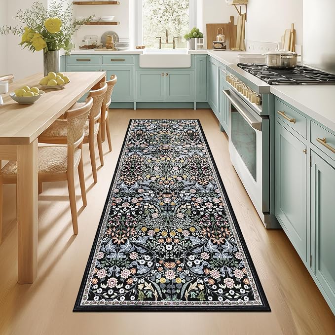 PLHXFR 2x5 Washable Runner Rug：Floral Indoor Kitchen Carpet Dark Black | by PLHXFRSoftAreaRugs