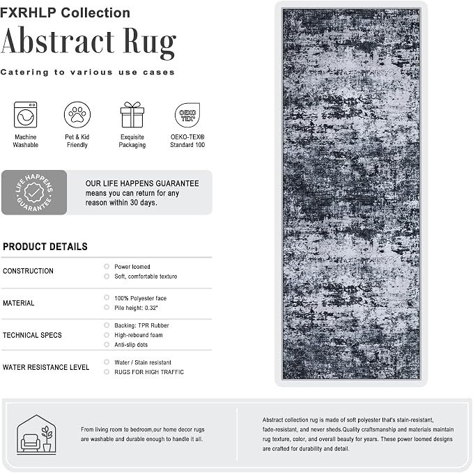 2x5 Washable Runner Rug：Modern Abstract Kitchen Carpet Black | - Image 2