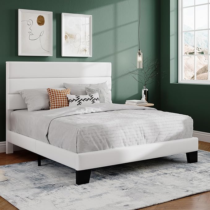 SHA CERLIN Queen Platform Bed Frame with Velvet Upholstered Headboard, Mattress Foundation with Strong Wooden Slats Support, No Box Spring Needed, White