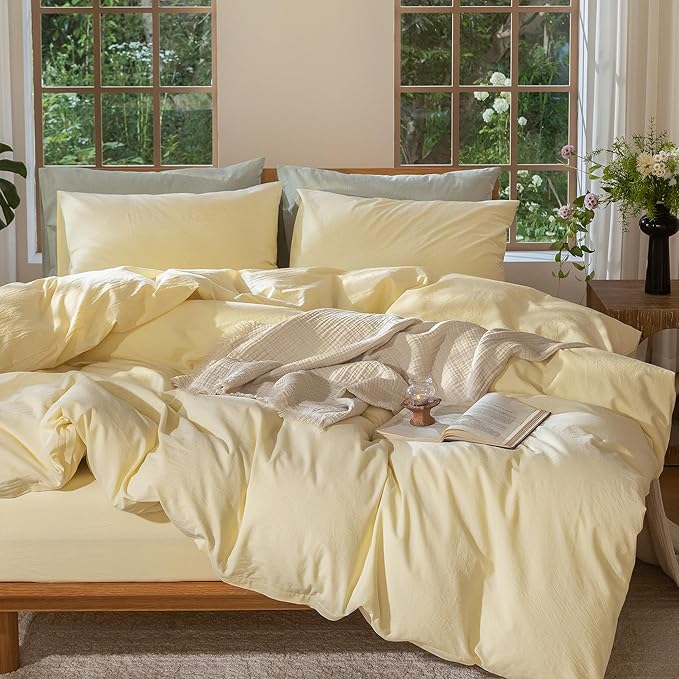 MooMee Bedding Duvet Cover Set 100% Washed Cotton Linen Like Textured Breathable Durable Soft Comfy (Heathered Butter Yellow, Twin 68"x90")
