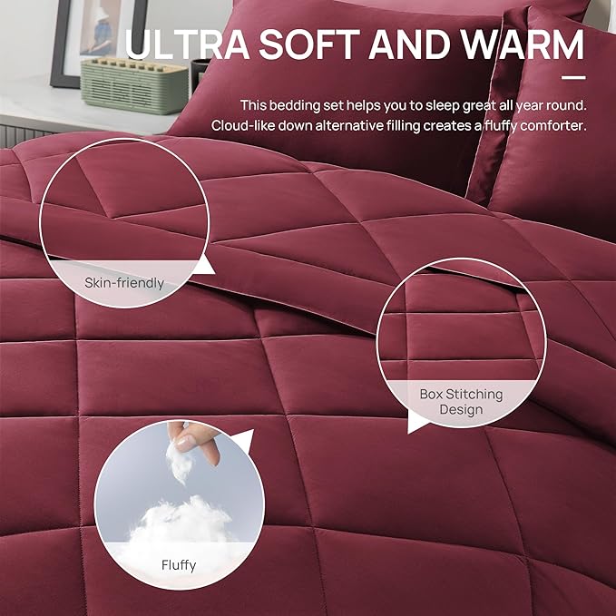 Love's cabin Full Comforter Set Burgundy, 7 Pieces Full Bed in a Bag, All Season Bedding Sets with 1 Comforter, 1 Flat Sheet, 1 Fitted Sheet, 2 Pillowcase and 2 Pillow Sham
