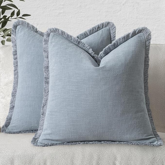 MIULEE Linen Fringe Decorative Euro Throw Pillow Covers Light Blue 26x26 | Set by MIULEE