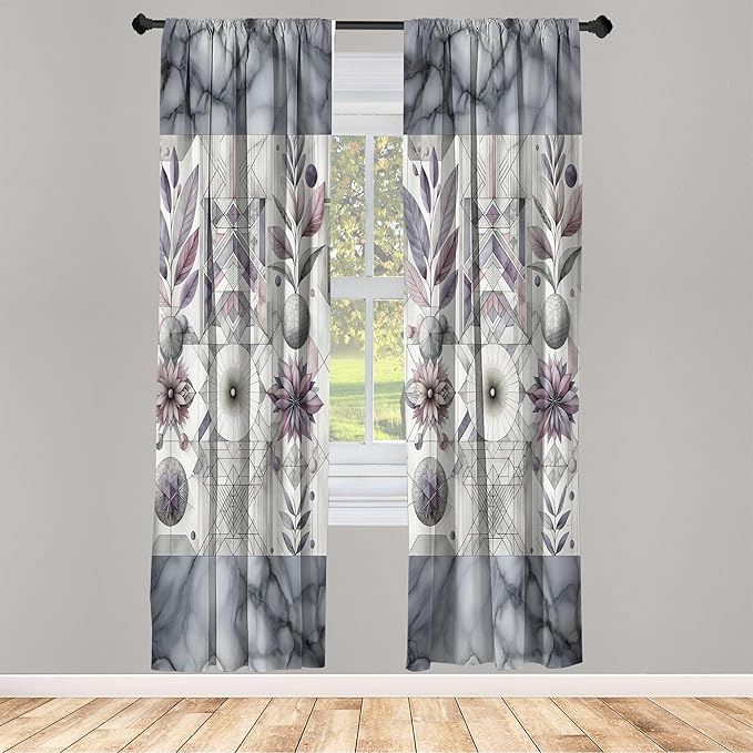 Ambesonne Geometric Floral Window Curtains Pack of 2, Classic Marble Print Ornate Leafy Flowers and Futurist Stripes, Lightweight Set with Rod Pocket, 4 Panels of - 28" x 95", Ceil Blue Laurel Green