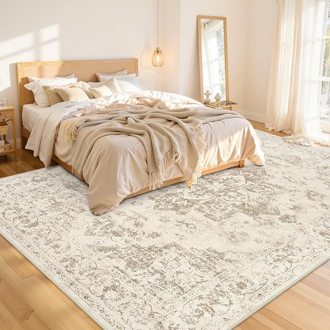 Area Rugs 9x12 Living Room: Bedroom Washable Carpet Beige/Ivory | Vintage Boho - Image 2