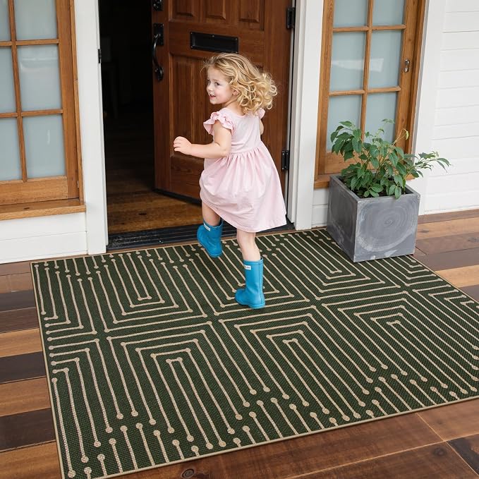 Lahome Green 3x5 Entryway Rug, Non Slip Maze Line Easy Jute Washable Rug | - Image 7