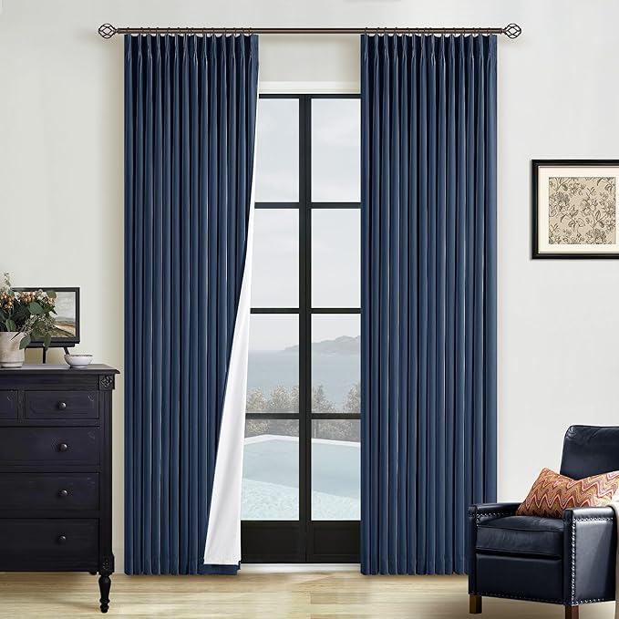 Navy Pinch Pleated 100% Blackout Linen Curtains by Twodrapes