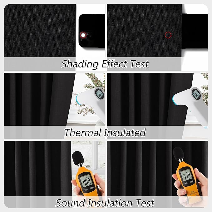 Black 100% Blackout Linen Curtains 63 Inch Length 2 Panels Set - Image 5