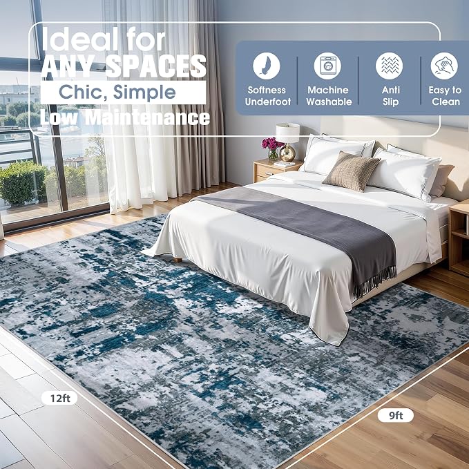 9x12 Area Rugs for Living Room Washable Bedroom Dining Room Navy Grey | Modern - Image 2