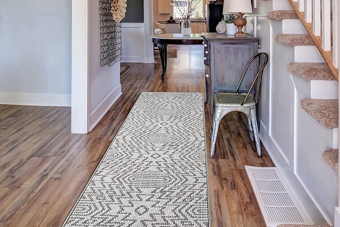 Custom Size Southwestern Style Runner Rug Mat for Wide Hallway Entryway Kitchen Laundry Room with Slip Resistant Latex Rubber Backing, Inca Grey, 31 inch X 20 feet