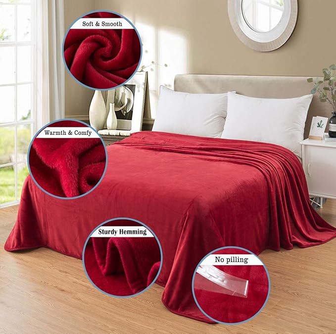 Flannel Fleece Twin Size Summer Blanket All Season 350GSM Lightweight Throw for The Bed Extra Soft Brush Fabric Winter Warm Sofa Blanket 66" x 90"(Burgundy Red Twin)