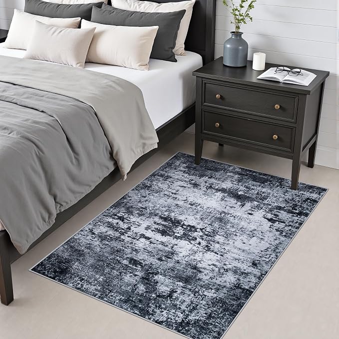 Area Rug Living Room: 3x5 Modern Washable Indoor Carpet Black | - Image 3